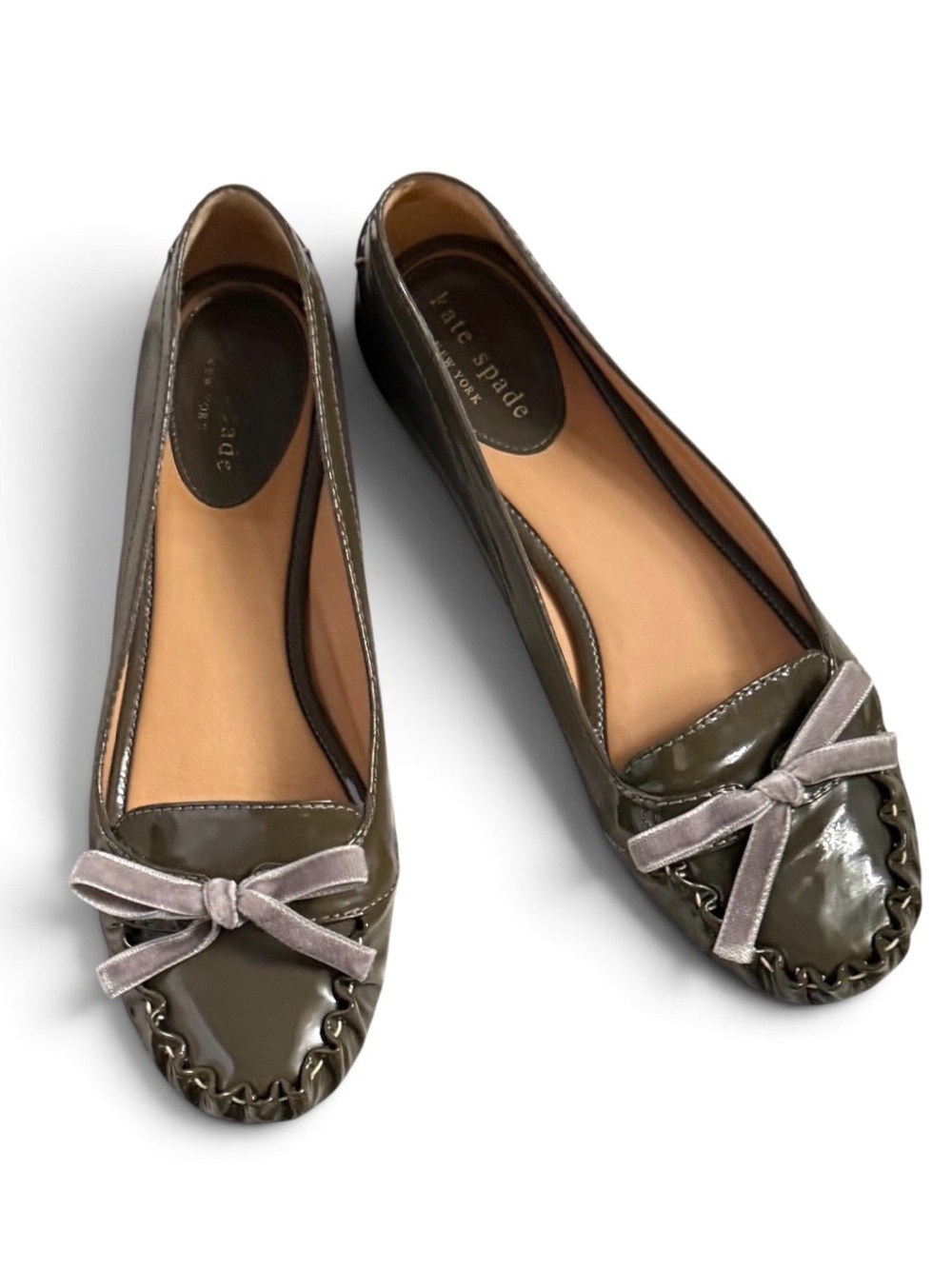 Kate Spade Slate Grey Olive Green Leather Lacey Ballet Flats Driving Loafers 7.5